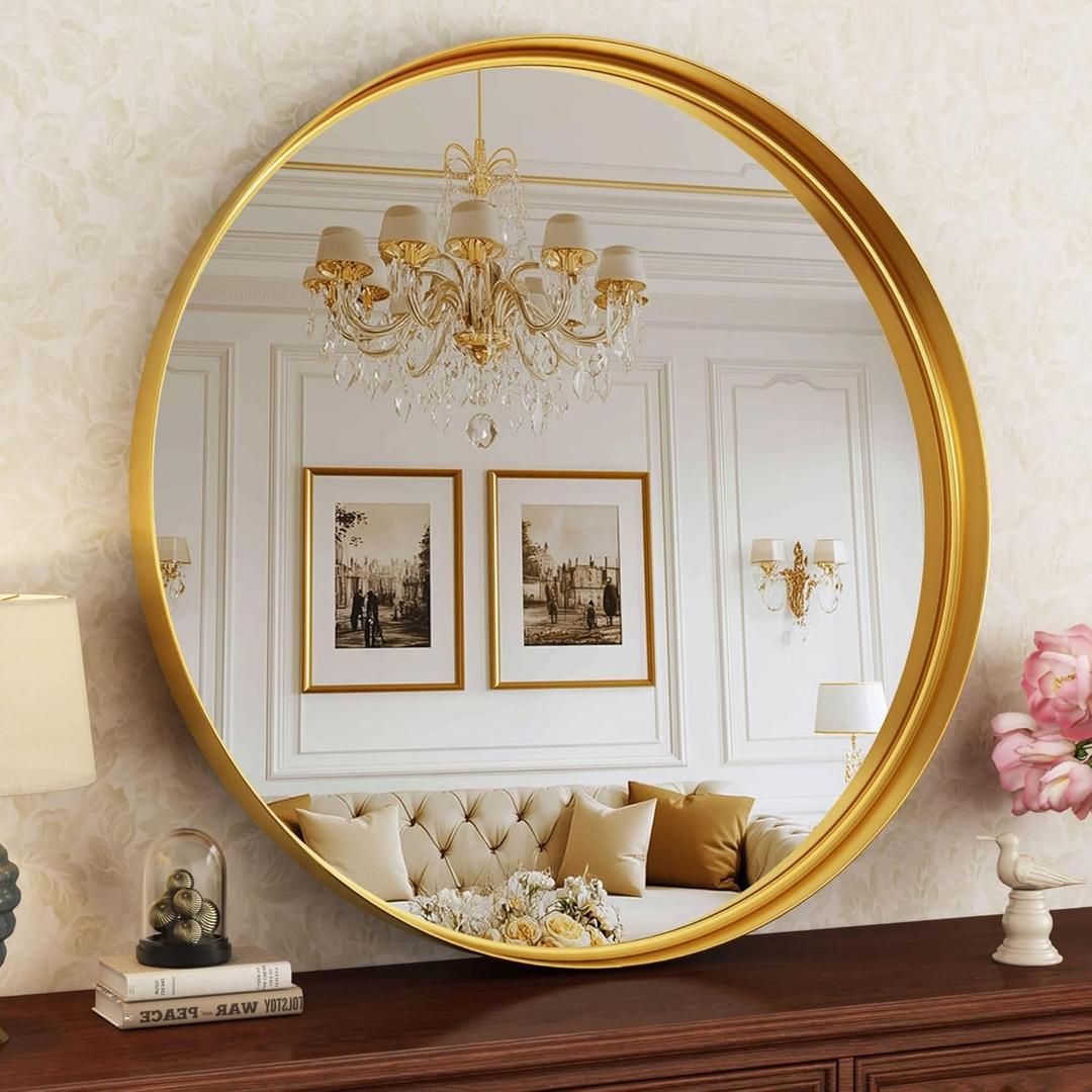 Round Bathroom Mirror, 30 Inch Gold Circle Mirror with Metal Deep Frame, Round Mirrors for Wall Decor, Vanity, Entryway, Living Room Round Bathroom Mirror, 30 Inch Gold Circle Mirror with Metal Deep Frame, Round Mirrors for Wall Decor, Vanity, Entryway, Living Room