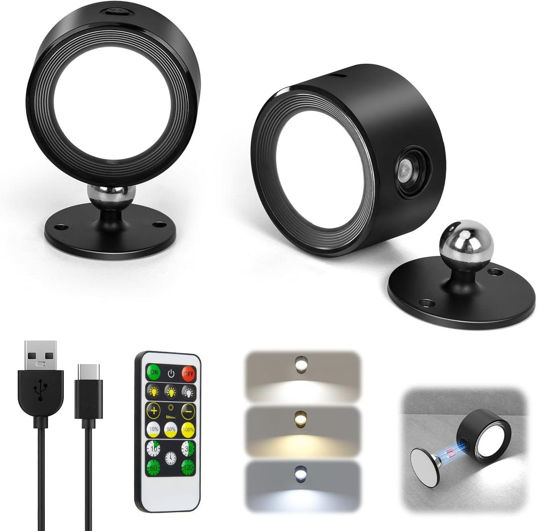 LED Wall Lights, Wall Lamp 3 Color Temperatures & Dimmable Magnetic 360 Rotation with Remote, Wall Sconces 2 Pcs with 3000mAh Rechargeable Battery, Cordless Wall Light for Reading Bedside Hallway