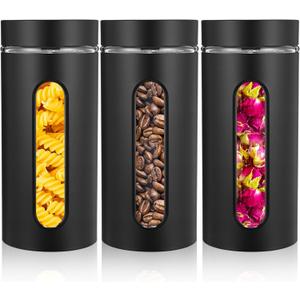 Mimorou 3 Pcs Stainless Steel Canister Set with Glass Windows Visible Storage Jars Silver Kitchen Canister Set for Pasta Flour Oat Sugar Container, Kitchen Tools, Housewarming Gifts(Black,44 oz)