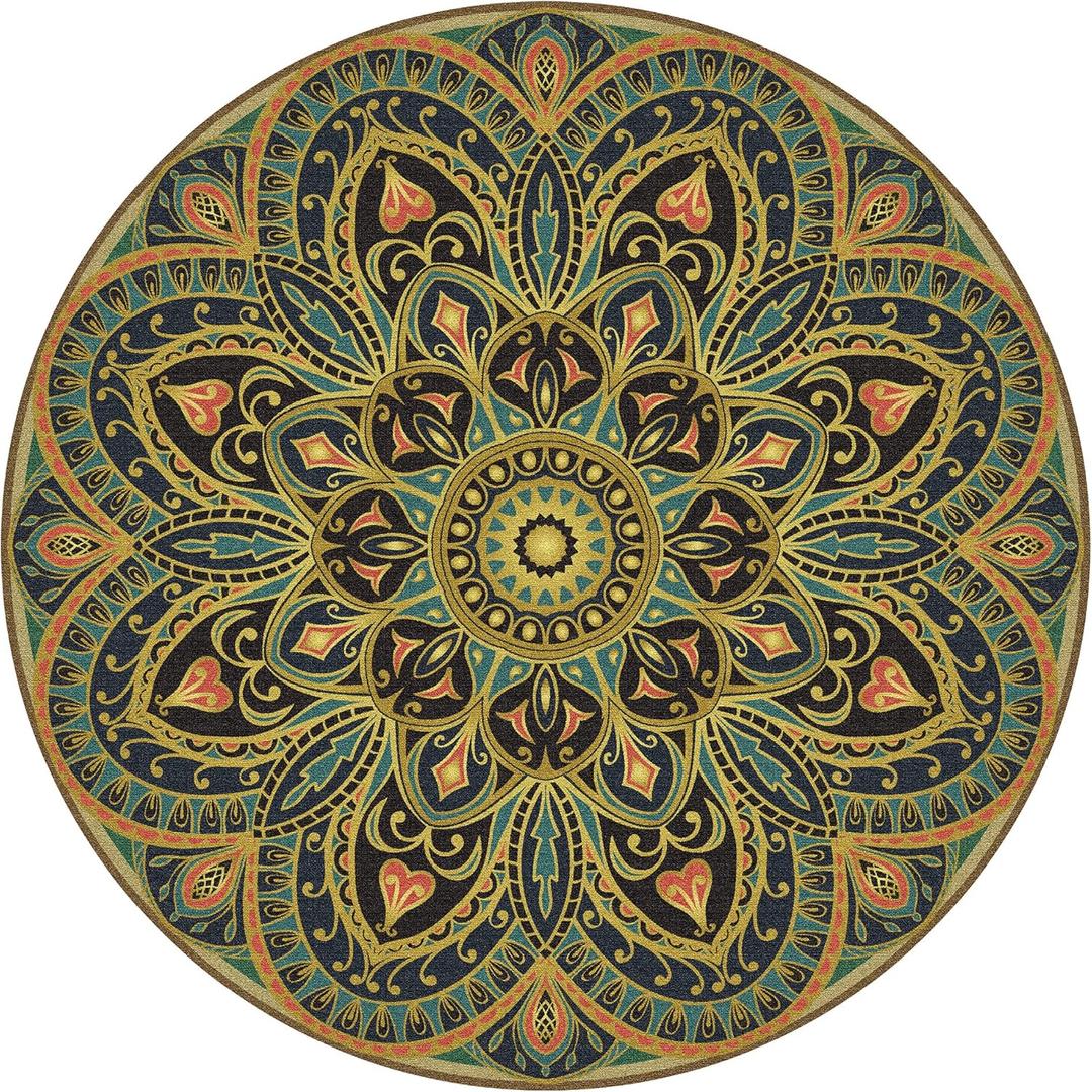 Knsbk Large Round Yoga Mat 4.6'X3.5mm for Exercise Premium Extra Thick, Ultra Comfortable, Non Slip, Meditation Mat (green blossom)