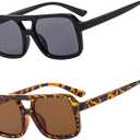Retro Square Aviator Sunglasses for Women Men 70s Vintage Trendy Rectangle Sun Glasses UV Protection ((2pack)black+brown)