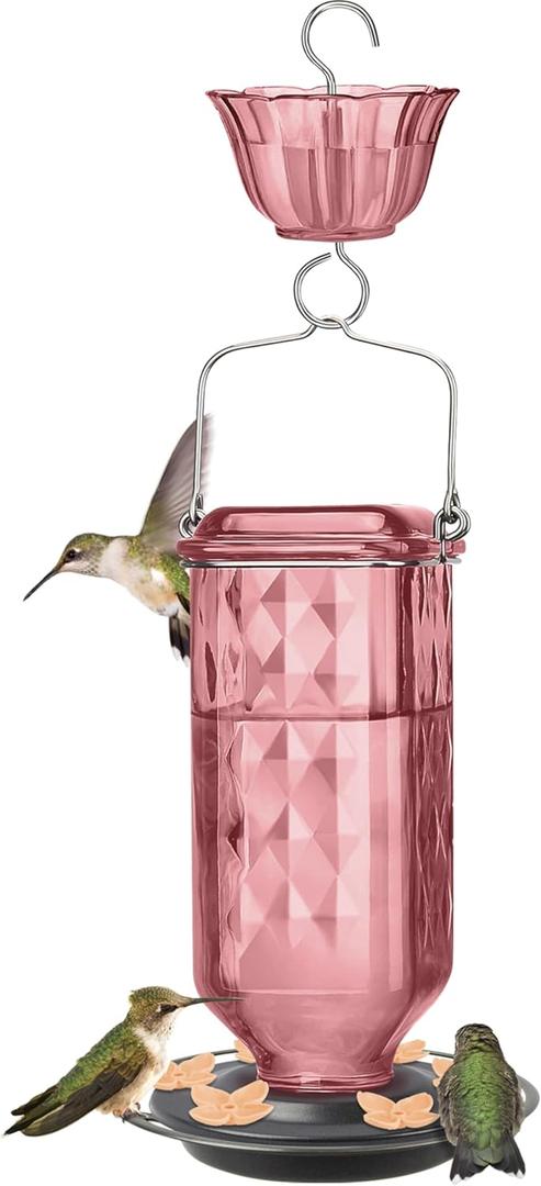 Nature’s Way Rosewood Column Gravity Glass Hummingbird Feeder for Outdoor Décor, 23 oz Nectar Feeder with 6 Flexible Flower Ports, Continuous Perch Ring, Built-in Ant Moat & Easy-Clean Design