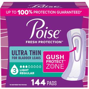 Poise Ultra Thin Incontinence Pads & Postpartum Pads for Bladder Leaks, 3 Drop Light Absorbency, Regular Length, 144 Count