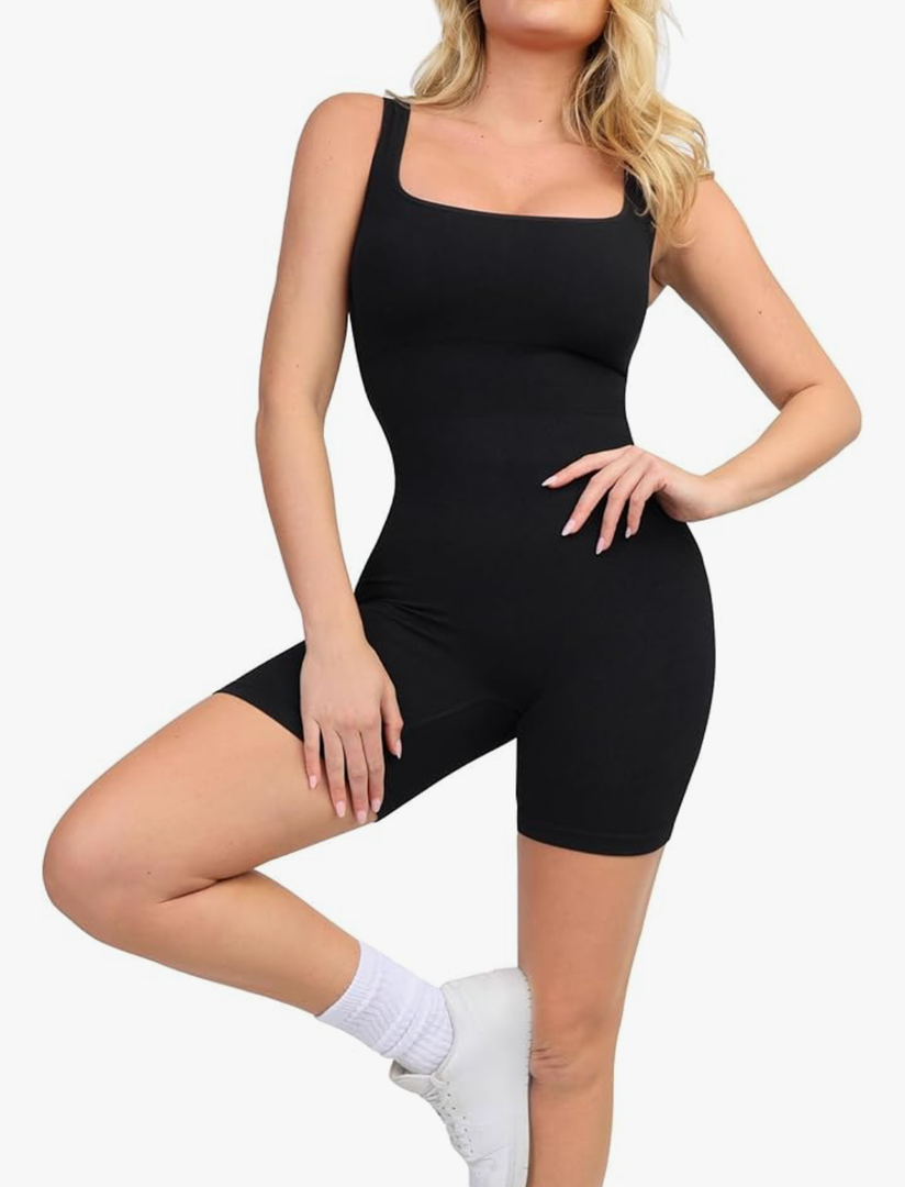 Popilush Shapewear Jumpsuits for Women Built-in Bra Square Neck Rompers Shorts Bodycon Bodysuits Summer Outfits, size L