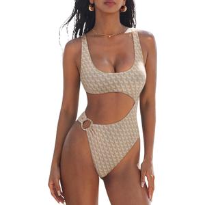 SUUKSESS Women Sexy One Piece Tummy Control Swimsuit Cutout Backless Bathing Suit (Medium, Ivory Geo)