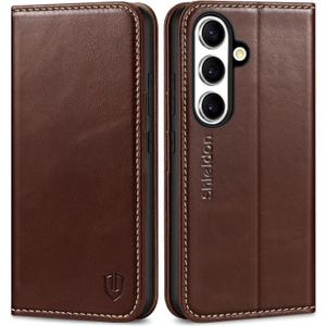 SHIELDON Case for Galaxy S25 5G, Genuine Leather Folio Wallet Magnetic Kickstand RFID Blocking Card Slots Shockproof Full Protection Cover Compatible with Galaxy S25 6.2" 2025 - Retro Coffee
