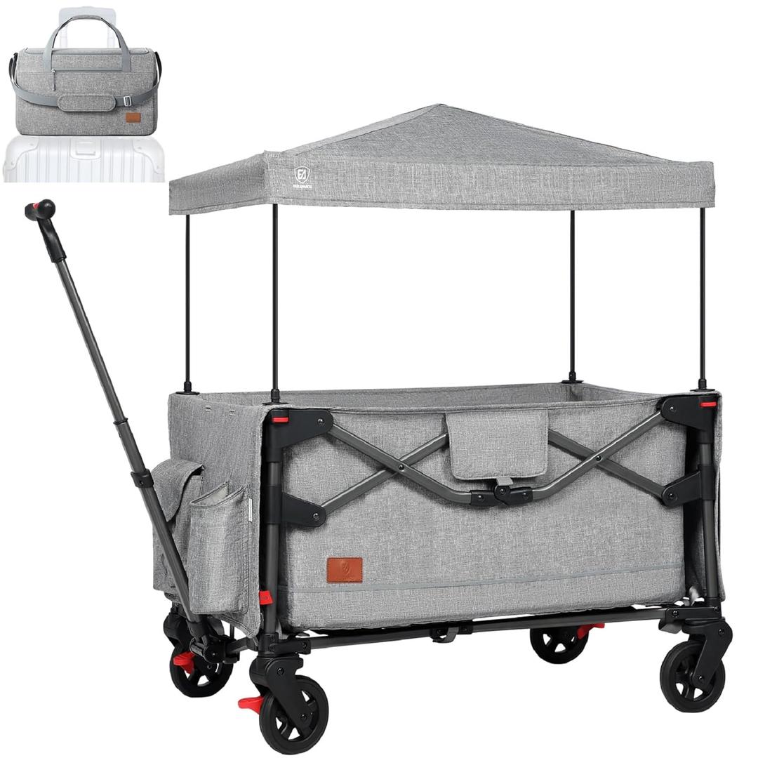 EVER ADVANCED Foldable into Bag Travel Wagon Stroller for 2 Kids & Cargo, Collapsible Toddler Wagon with Removable Canopy, Adjustable 5-Point Harness, Lightweight Carry-on Stroller for Airplane