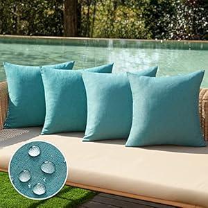 MIULEE Pack of 4 Decorative Outdoor Throw Pillow Covers Linen Waterproof Pillow Covers Farmhouse Cushion Cases for Patio Garden Tent Balcony Couch Sofa 16x16 inch Turquoise
