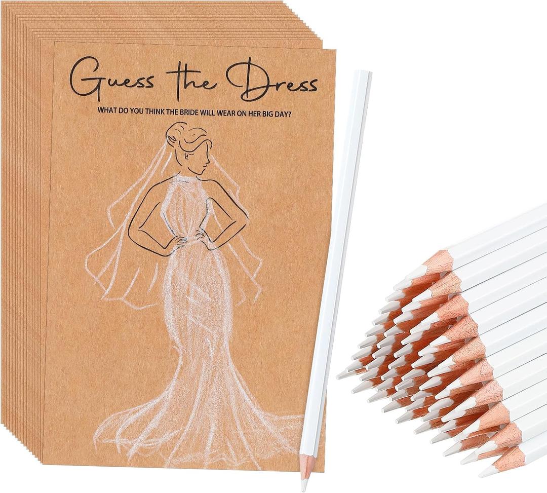 60 Sets Guess the Dress Bridal Shower Games for Guests Include 60 Pcs Wedding Shower Games Cards and 60 Pcs Pencils Fun Wedding Party Supplies Games Ideas (Brown,Long Pencil)