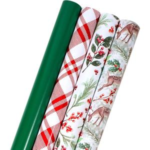 LaRibbons Christmas Wrapping Paper Set, Holiday Gift Wrap with Classic Deer/Red White Plaid/Berries Design, Perfect for Season Party, Xmas Presents & Decoration, 30 Inch X 10 Feet-4 Rolls