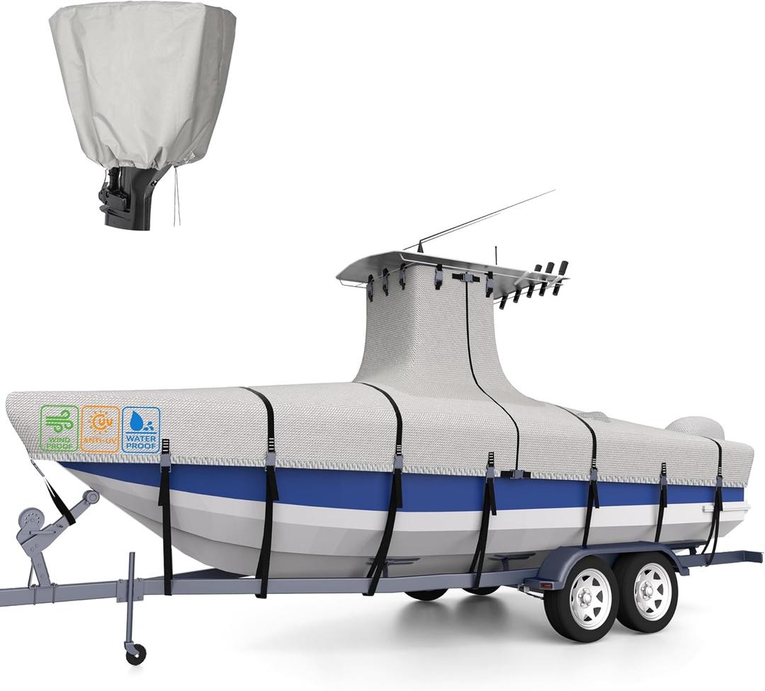 100% Waterproof T-Top Boat Cover Ultra-Thick 1200D Heavy-Duty Tear-Resistant Polyester with Motor Cover & 19 Reinforced Straps, for 22"-24" Center Console Boat with T Top Roof (Gray)