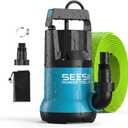 SEESII 1HP Submersible Water Pump, 4755GPH High Flow Sump Pump with 23ft Hose Kit, Anti-Clogging Filter Net for Swimming Pool Hot Tub Pond Basement Rooftop Garden Water Removal (Blue and Black)