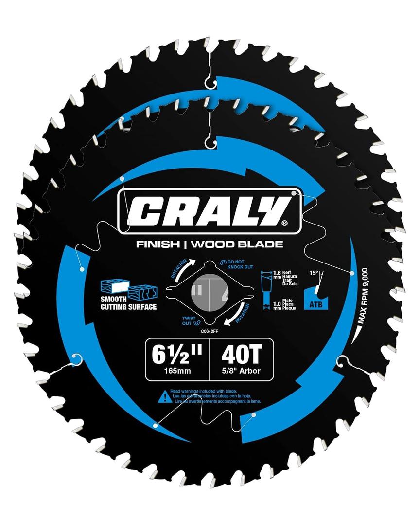 CRALY 6-1/2 Inch 40 Teeth Fine Finish Wood Cutting Circular Saw Blade, 5/8 Inch Arbor, Carbide Tipped, Thin Kerf, Black Ice Coating, for Plywood, MDF, OSB, Laminated, 2-Pack (C0640FF-2)