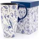 Topadorn 17oz Ceramic Travel Coffee Mug with Sealed Lid Tea Cup with Color Box, Microwave & Dishwasher Safe, Unique Coffee Mug for Latte & Hot Chocolate, Toile de Jouy
