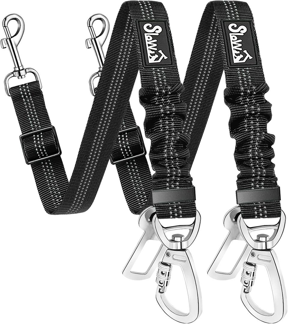 SlowTon Dog Seatbelt, 2 Pack Dog Seat Belt Car Leash Adjustable Elastic Bungee Buffer Heavy Duty Nylon Reflective Pet Safety Tether Connect to Dog Harness for Travel Riding in Vehicle (Daul Clip, B)