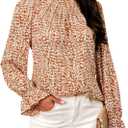 Womens Frill Mock Neck Boho Floral Tops Elegant Puff Long Sleeve Shirts 2025 Casual Vacation Outfits Work Blouse (L)