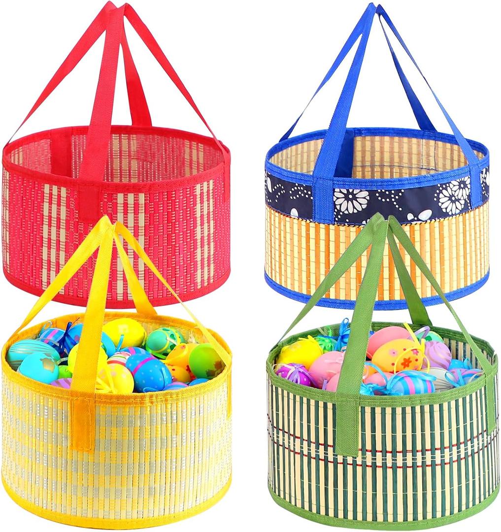 Foldable Easter Woven Bamboo Baskets Empty, 4 Pcs Easter Basket Bulk Set with Handle, Large Easter Baskets for Easter Egg Hunt Party Favor Picnic Supplies Gift Packing - Red Yellow Green Blue