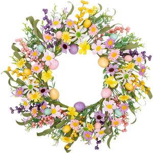 20 Inch Easter Wreath for Front Door Spring Flower Wreath with Colorful Eggs Easter Decorations for Gifts Party Holiday Home Wall Window