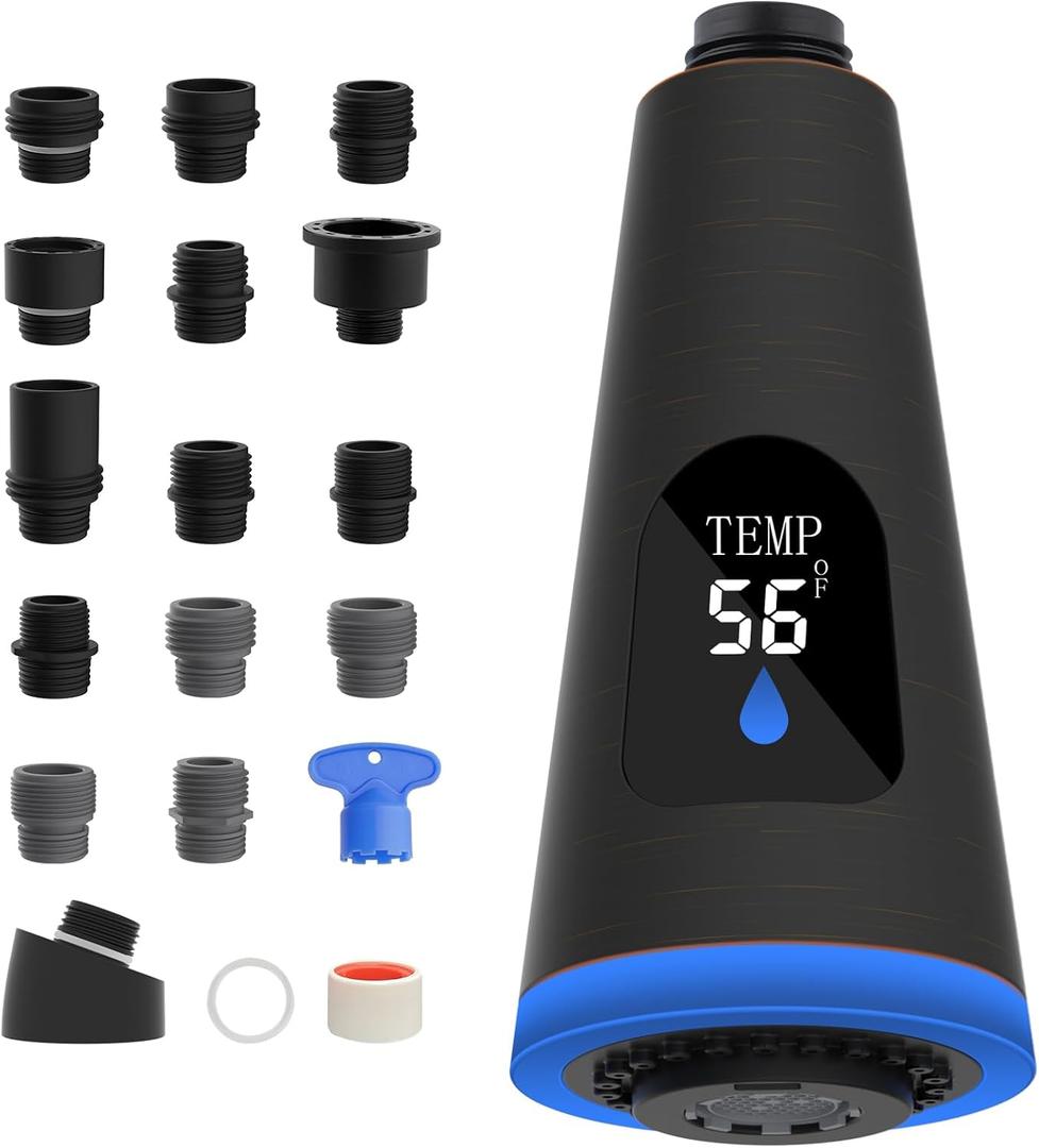 LED Faucet Head Replacement 4 Function Universal Temperature Display Pull Down Kitchen Faucet Head with 15 Adapters Compatible with American Standard/Kohler/Moen/Delta, Sink Sprayer, Oil Rubbed Bronze