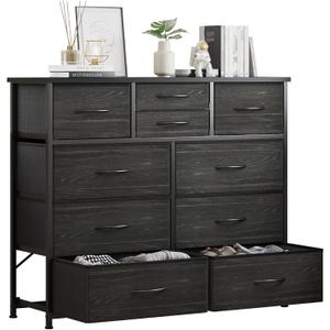 LUMTOK 10-Drawer Dresser, Fabric Dressers Drawers for Bedroom, Hallway, Nursery, Closets, Steel Frame, Wood Top, Easy Pull Handle (Black Wood Veins)
