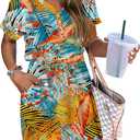 AUSELILY Womens Summer Dress 2026 Casual Short Sleeve Sundress V Neck Tie Button Beach Swing Dresses with Pockets (XXL)