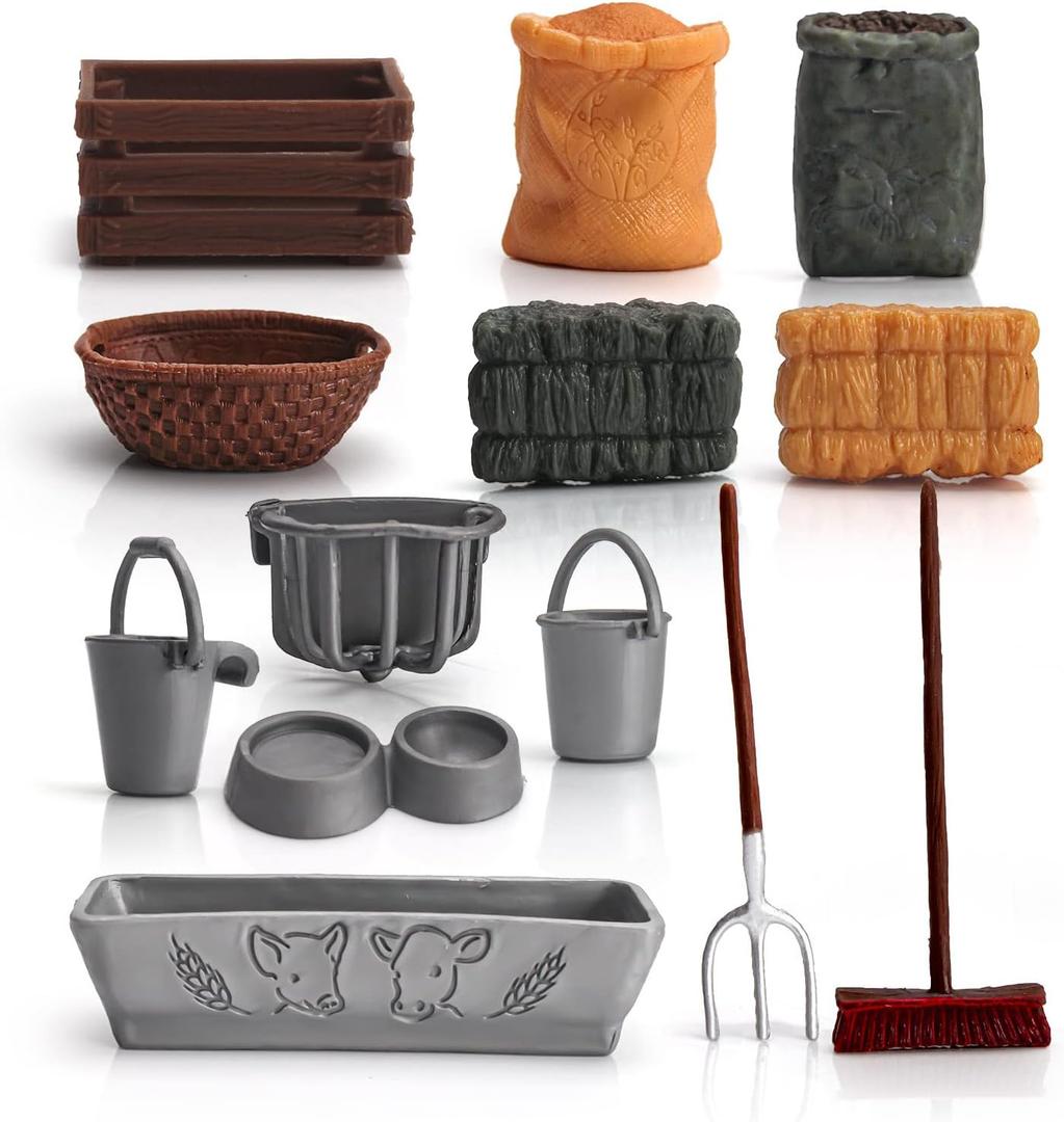 13PCS Farm Toys Feed Barn Food Accessories Toy Farm Tools Set for Animals Figure Horse Stable Playset Fence Accessories Cake Toppers for Kids Toddlers Hay Bale Straw Heap Educational Gift