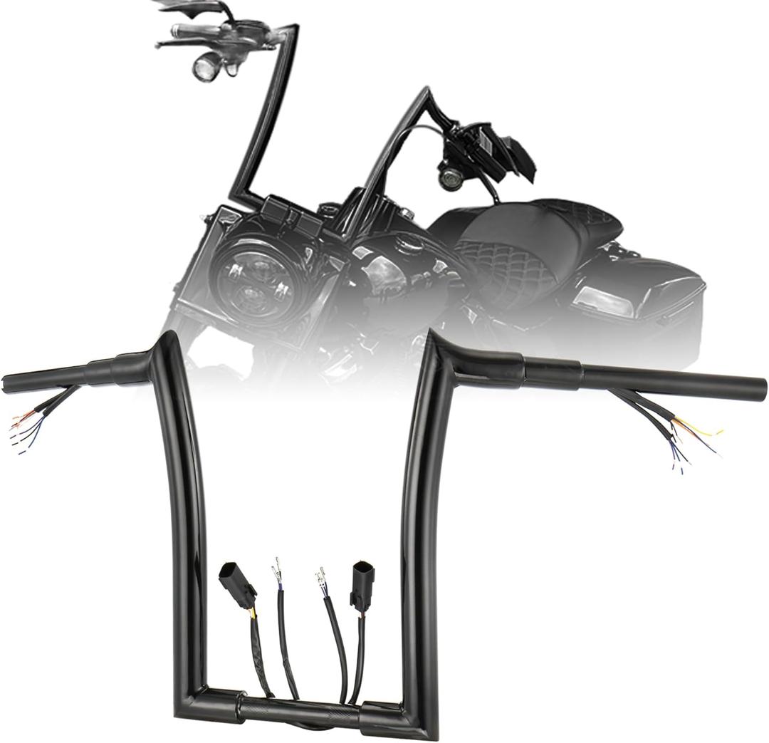 Prewired 1.5" Fat 14" Rise Handlebars for Harley 2007-2013 Softail/Dyna/Sportster Meathook Ape Hangers Pre-wired Bar with CAN-Bus and Turn Signal Wire Harness, Black