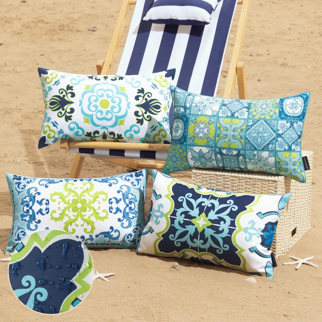 Phantoscope Set of 4 Outdoor Waterproof Throw Decorative Pillow Cover Geometric Boho Farmhouse Outdoor Pillows Cushion Case for Patio Furniture Tent, Blue and Yellow 12x20 Inches