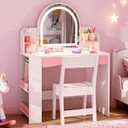 Teckid Kids Vanity Table and Chair Set with Lights, Toddler Vanity Desk for Girls, Princess Makeup Vanity for Kids with Storage Shelves, Open Bookshelf and Stools, White, Small