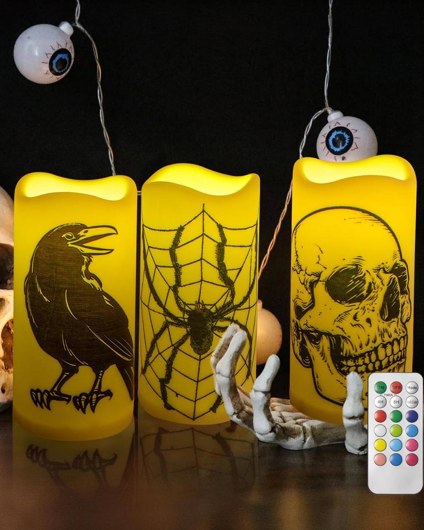 Halloween Flameless Pillar Candles with 18key Timer Remote Control for Halloween Home Decor Set of 3