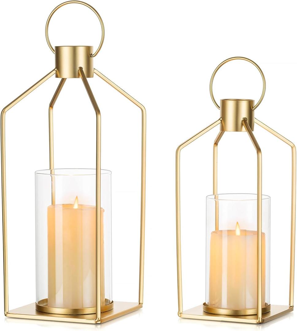 NUPTIO Gold Lanterns Decorative Indoor: 2 Set of Hanging Metal Candle Lantern with Bottomless Hurricane Glass for Wedding Home Front Porch Outdoor Living Room Fireplace Christmas Table Centerpiece