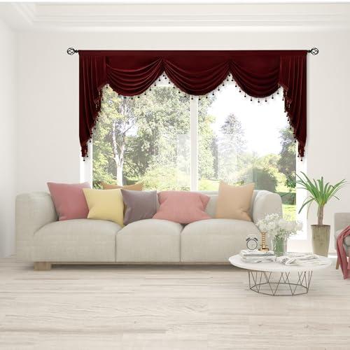 Phating Burgundy Red Valance - Waterfall Swag Valance for Window Toppers Window Cutains for Bedroom (1 Panel, Wine Red, W89 inch)
