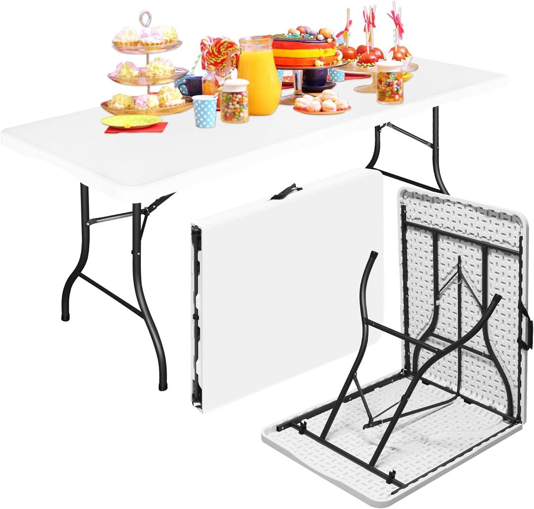 Bblife 6FT Folding Tables Heavy Duty White Foldable Table, Multi-Functional Fold up Table for Outdoor Camping Picnic Parties, Indoor Events Training with 330lbs Static Weight Capacity