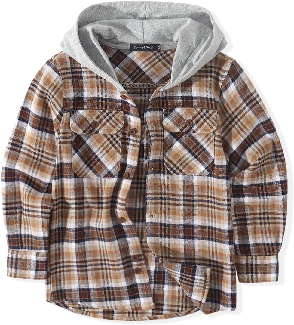 Spring&Gege Boys Flannel Hoodie Shirts Long Sleeve Plaid Button Down Shirt Jackets Casual Fall Winter Coat (11-12 Years, Brown)