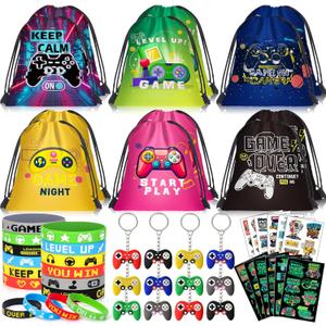 Video Game Party Favors Kids Gamer Birthday Party Supplies Drawstring Bag Silicone Bracelet Glow in Dark Tattoo Sticker Keychain Gamer Party Favors Gaming Birthday Goodie Bag Stuffers