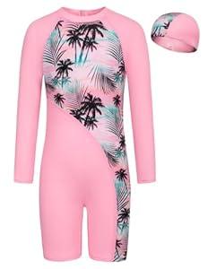 GRACE KARIN Girls' Swimwear 10-11 Years Old Swimsuit Girl Trunk Long Sleeve Rashguard Swimwear with Swimming Cap