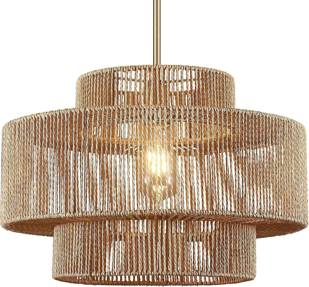 17.7 Boho Rattan Chandeliers Light Fixture, 1-Light Hand Woven Farmhouse Rustic Chandelier Hanging Light for Dining Rooom, Kitchen, Living Room, Foyer, 17.7"Brown