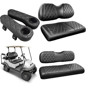Golf Cart Front&Rear Seat Cover Armrests Fits Club Car Precedent
with Cup Holder,for 1" Square Tube,Scratch-resistant Vinyl Material (Black&Black Stitching)