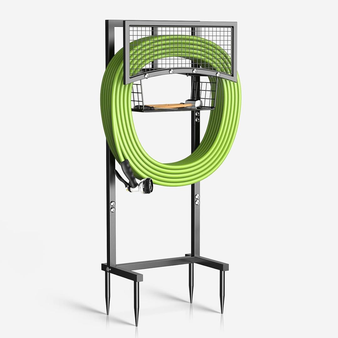 Garden Hose Holder Freestanding with Storage Basket, Heavy Duty Metal Water Hose Holder with 4 Anchor Spikes, Holds Up to 150FT of Hose for Yard, Lawn & Patio