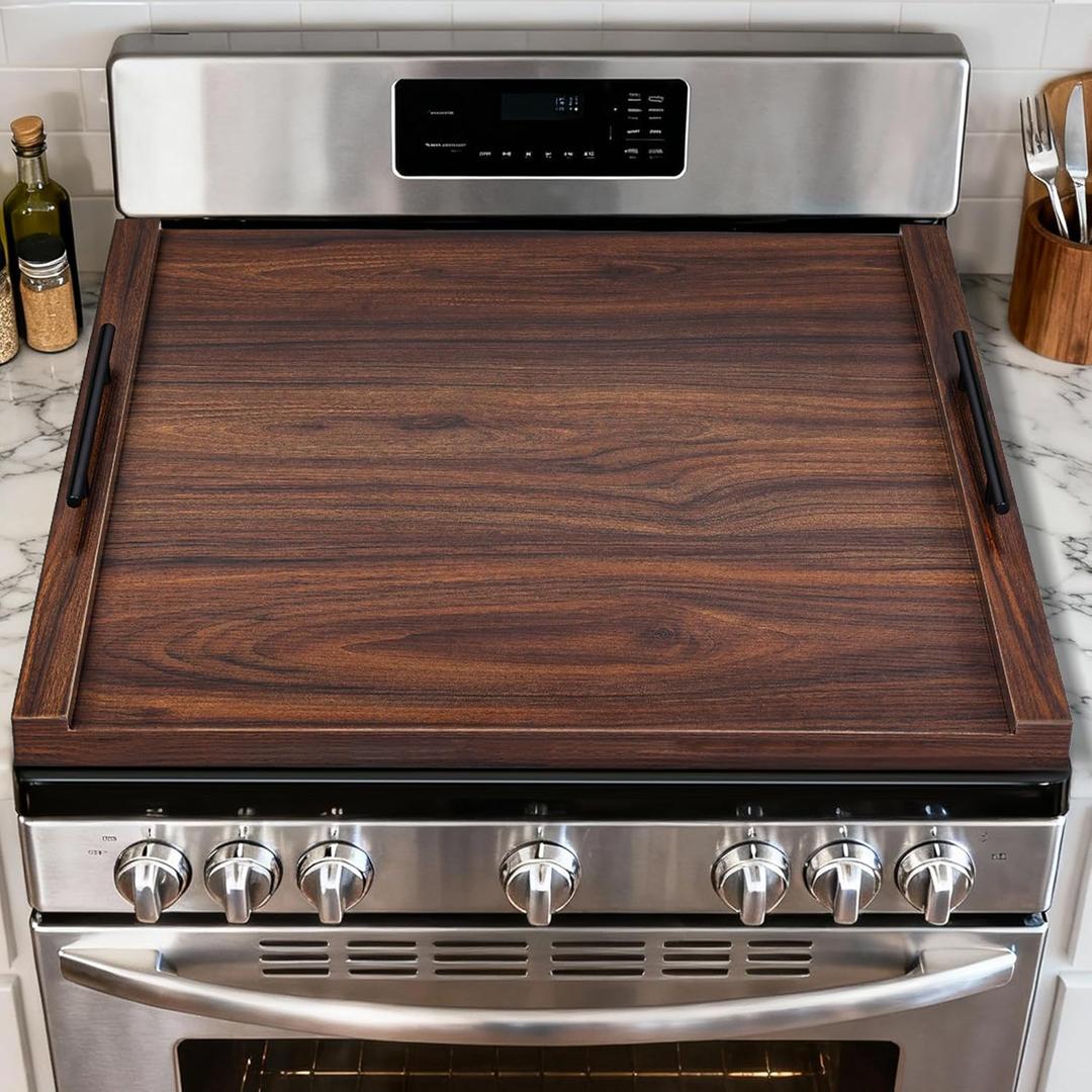 Noodle Board Stove Cover with Handles, Ultra Thick Wood Stove Top Cover Board for Electric/Gas Stove, Counter Space Top Covers Used As Sink Covers & Decorative Tray (Walnut Color)