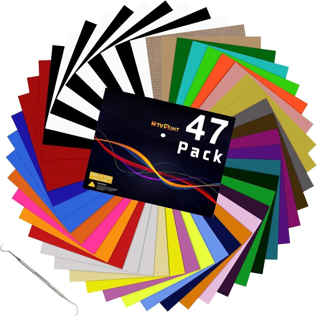 HTVRONT HTV Heat Transfer Vinyl Bundle: 47 Pack 12" x 10" Iron on Vinyl for T-Shirt, 33 Assorted Colors with HTV Accessories Tweezers, Silhouette Cameo or Heat Press Machine