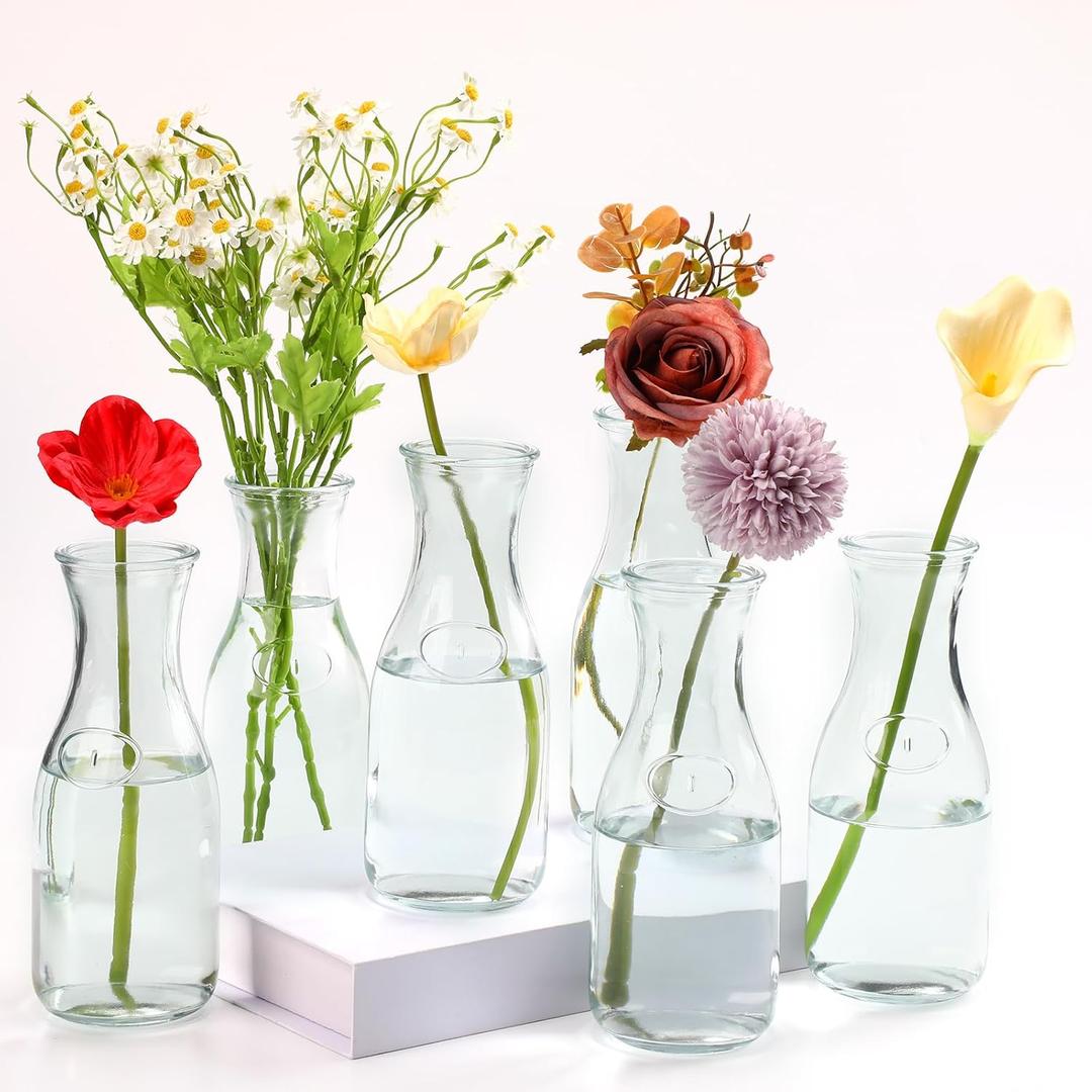 6 Pcs Milk Bottle Flower Vases 8" Milk Glass Vase Clear Vintage Bottles Small Bud Floral Vase Centerpiece for Centerpieces, Home, Office, Dinning Table, Wedding Reception