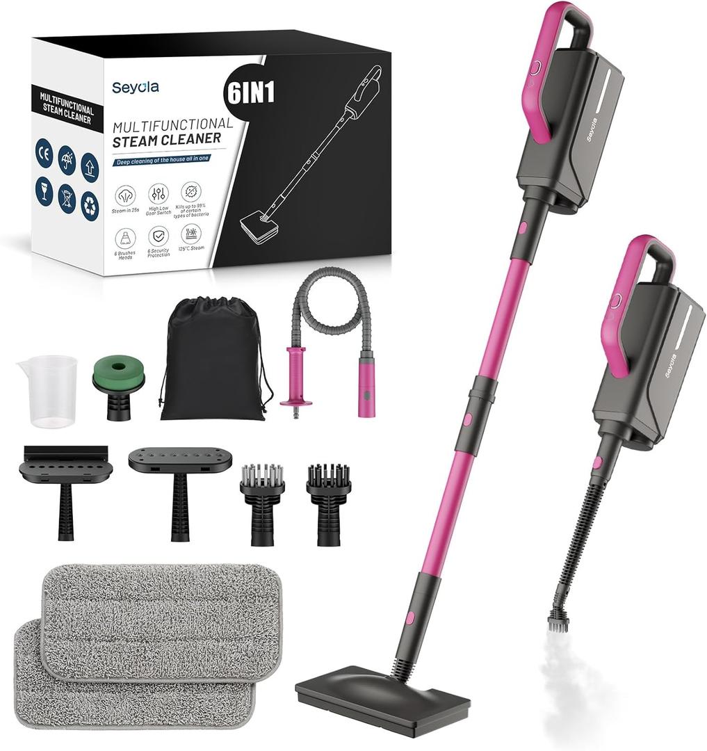 Steam Mop for Floor Cleaning, Steam Cleaner for Home with Handheld 6-in-1 Multi-function Attachments for Hardwood Floors, Clothes, Windows, Tiles Grout, Furniture, Carpet Cleaning (Rose-Pink)