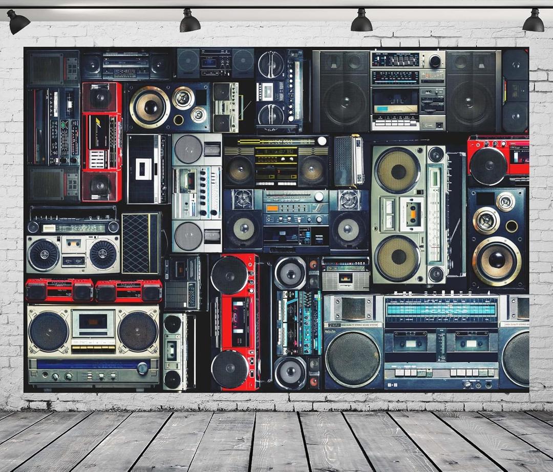 CORFOTO Retro Mix Radio Backdrop Vintage Wall of Radio Boombox Photography Background 70s 80s Style Backdrops Old-Fashioned Antique Music Party Banner Wall Decor Photoshoot Photo Studio Props Fabric (9x6FT, N2-a10096)