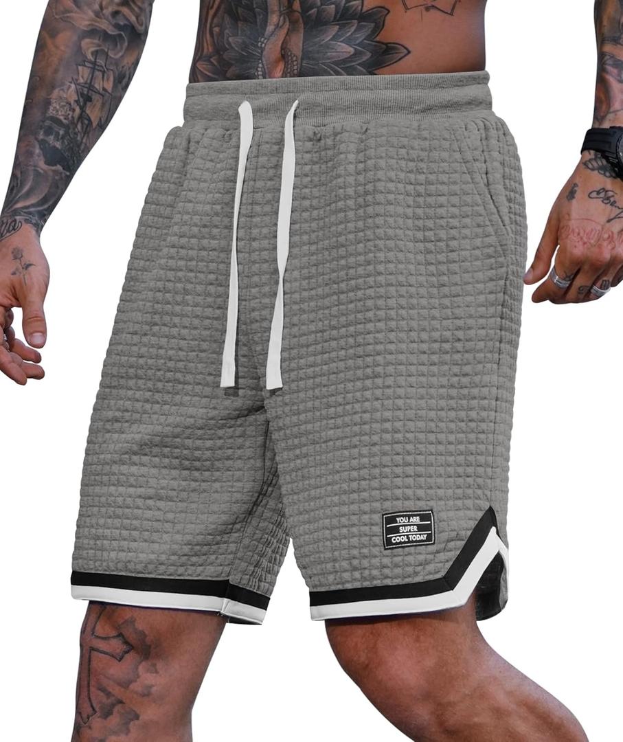 VOGSTART Mens Waffle Sweat Shorts Basketball Athletic Casual Midweight 8'' Inseam Shorts with Pockets (S-XXL) (M)