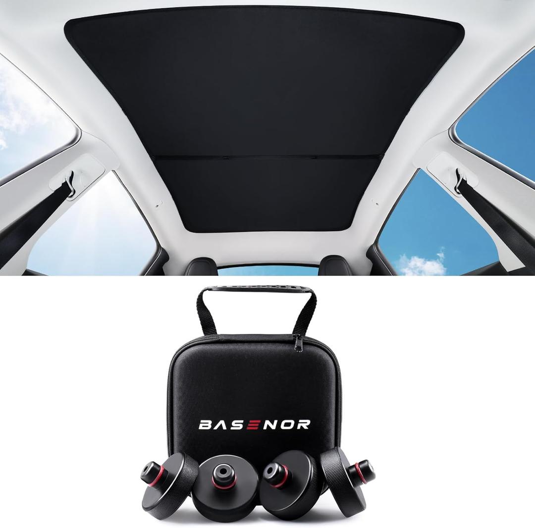 BASENOR Tesla Model Y Glass Roof Sunshade with Storage Bag and Tesla Pucks, Jack Lift Pad Adapter Tool with TPE Material Storage Case