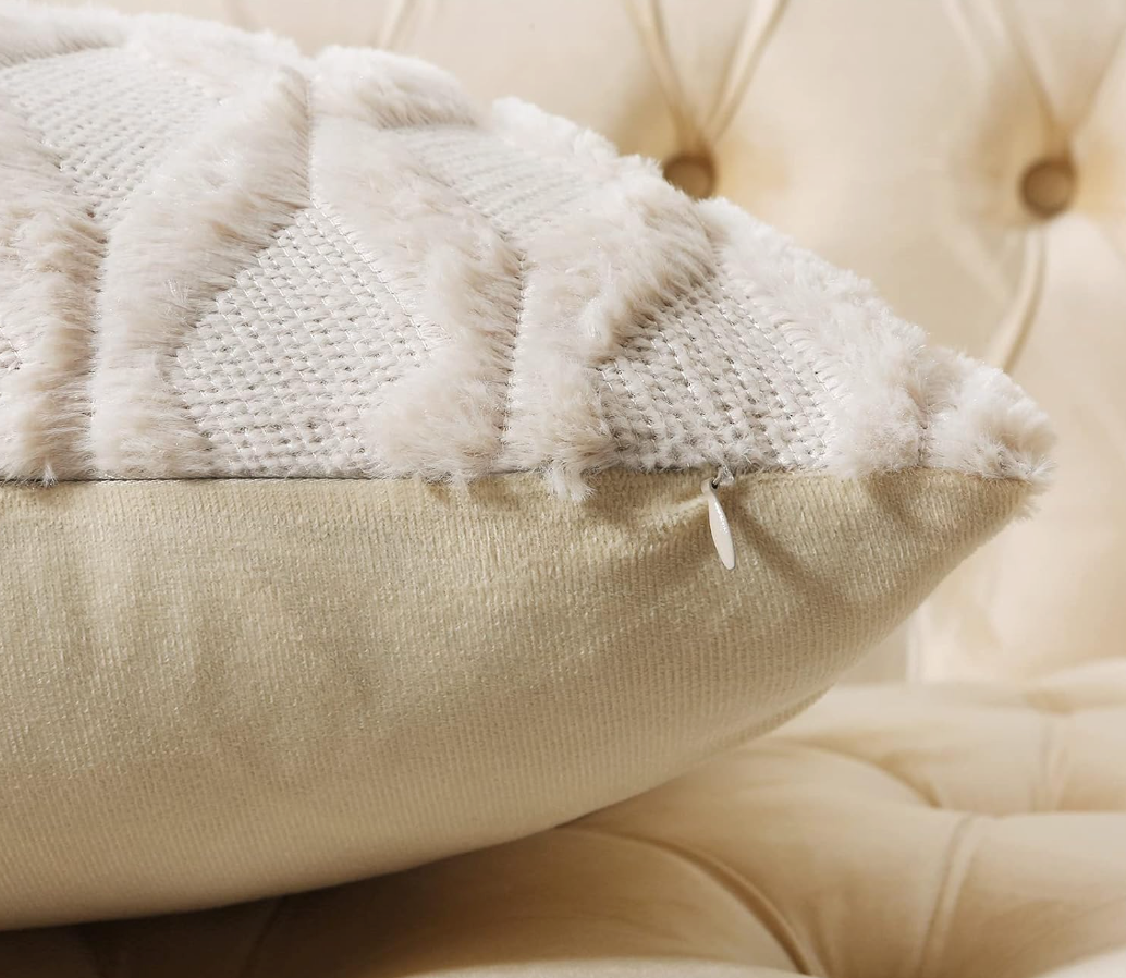 Pack of 2 Faux Wool Throw Pillow Covers 16x16 Inches Decorative Farmhouse Velvet Couch Pillow Case Soft Plush Square Boho Cushion Pillowcase, Beige, Size 12 x 19"