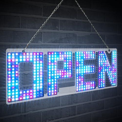 LED Open Sign for Business - Flashing RGB 15"x 5" With Remote Control, 13 Scene Modes, Adjustable Brightness for Party Bar Salon