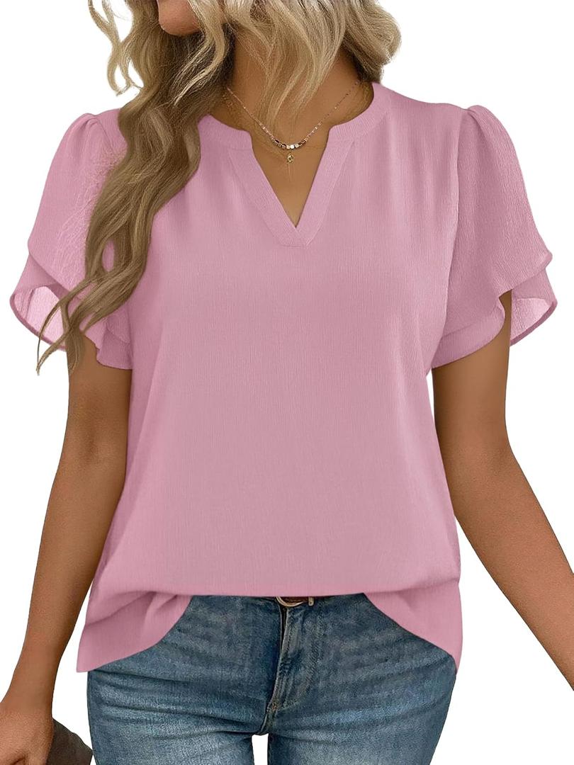 Zeagoo Womens Dressy Casual Shirts Short Sleeve V Neck Work Blouse Business Casual Summer Chiffon Tops (Small, Light Pink)
