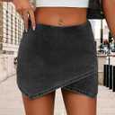 Women's Jean Skorts High Waist Wrap Asymmetrical Hem Mini Skort Stretchy Trendy Casual Denim Skirt Shorts (Black)